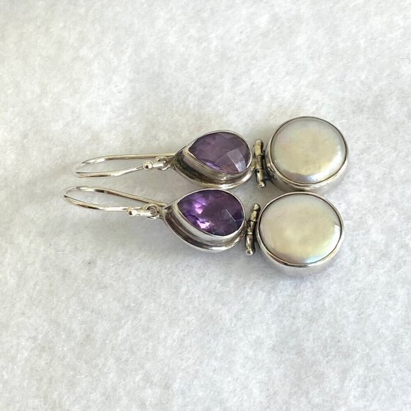 Sterling Silver 925 Pear Shaped Amethyst Hinged White Coin Pearl Dangle Earrings - Picture 5 of 16